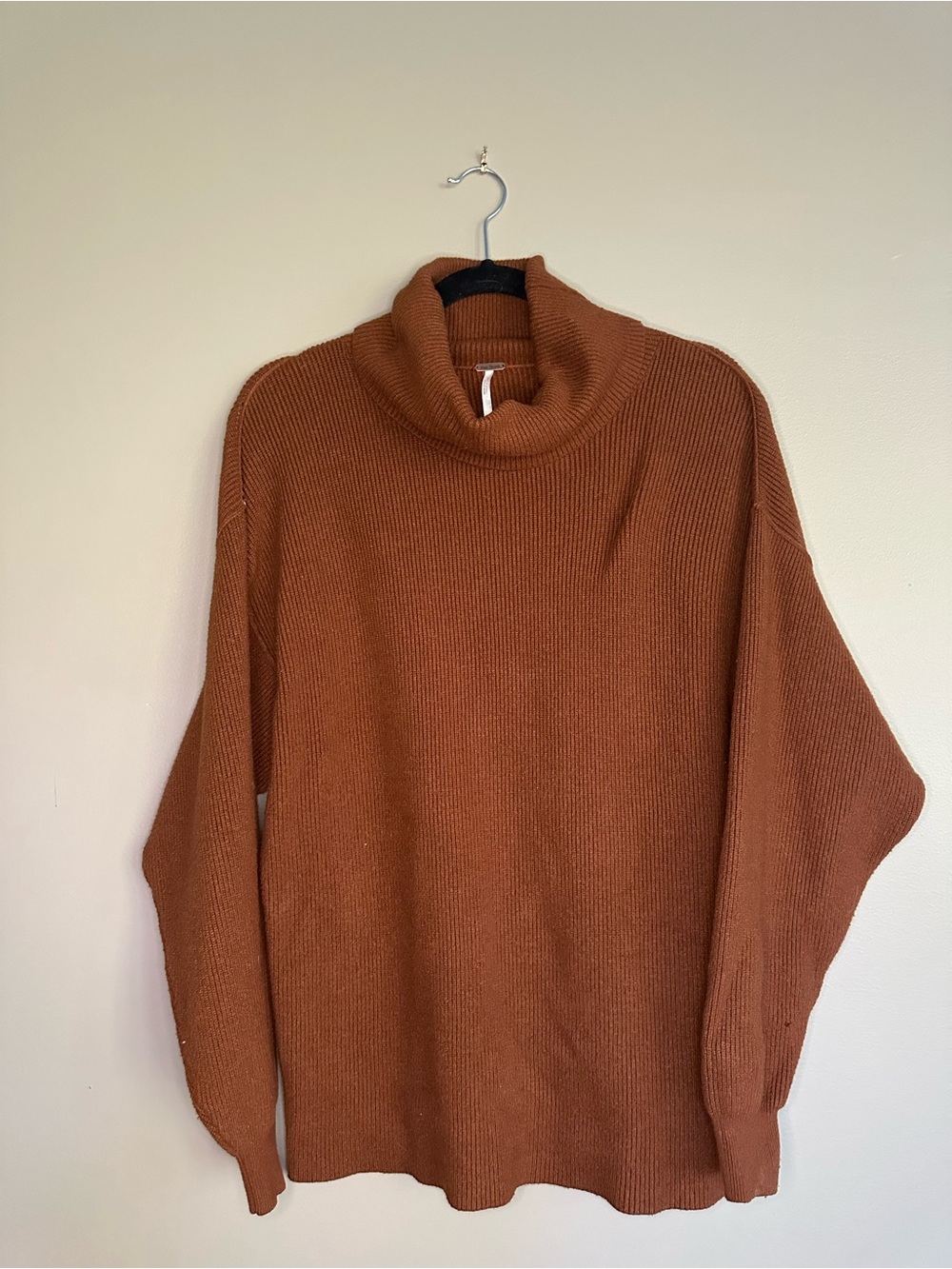 Free People Ribbed Cowl Neck Sweater in Rust